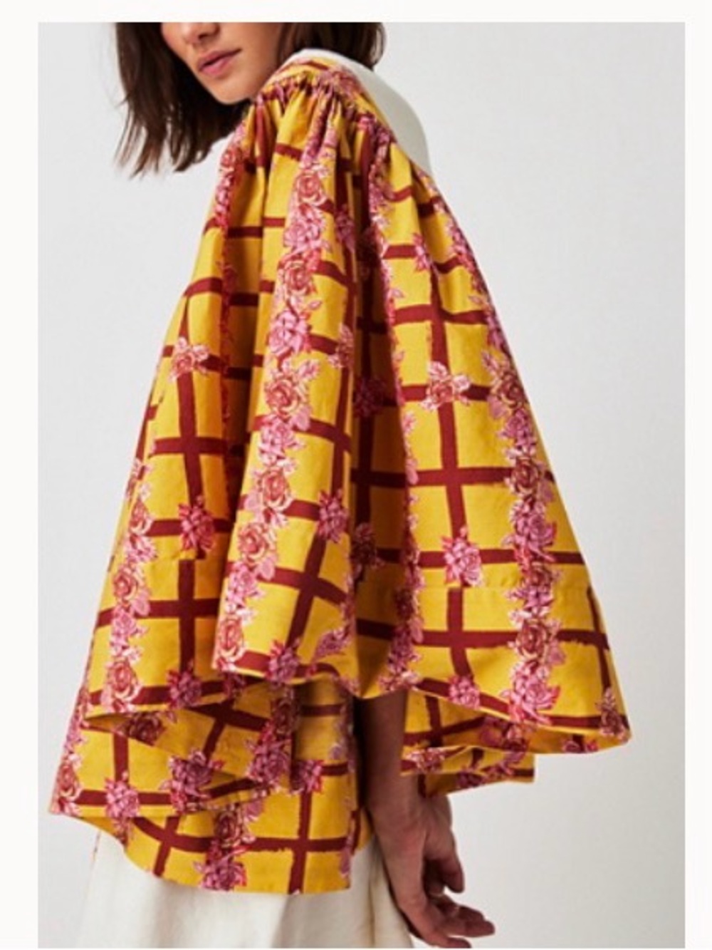 Free People Yellow & Pink High-Low Floral Grid Top
